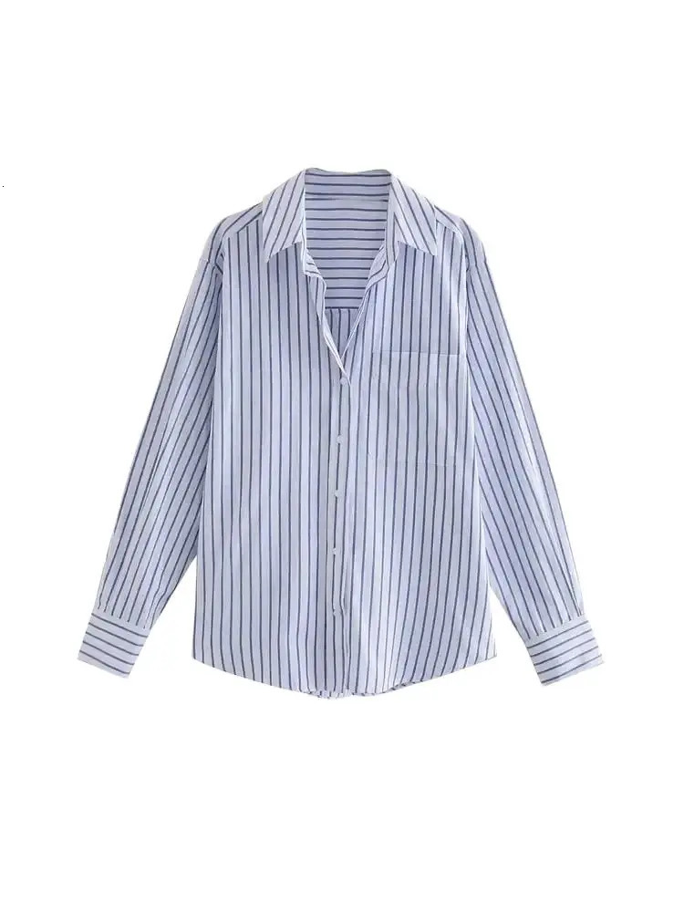TRZA-Striped Loose Shirts With Pocket for Women Long Sleeve Button-up Blouses Chic Tops Female Fashion 250310