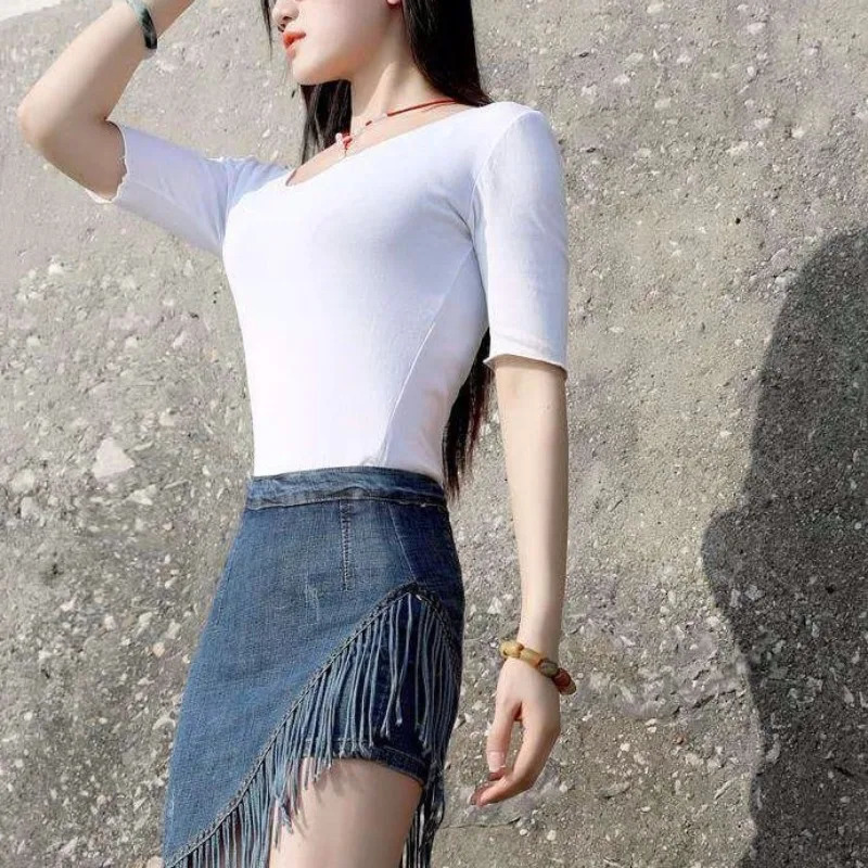 Denim leather pants Demin tassel irregular knee length womens buttocks spring summer vacation twopiece lined shorts 250310