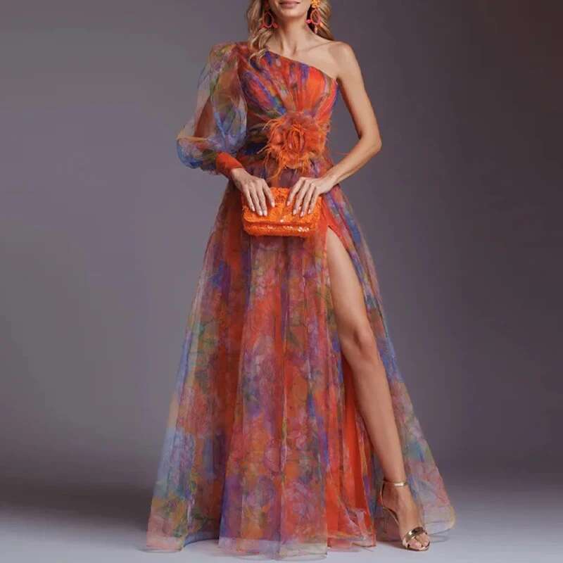 Women Elegant Split Hollow Party Fashion Contrast Print Mesh Maxi Sexy One Shoulder Sleeve Irregular Long Dress