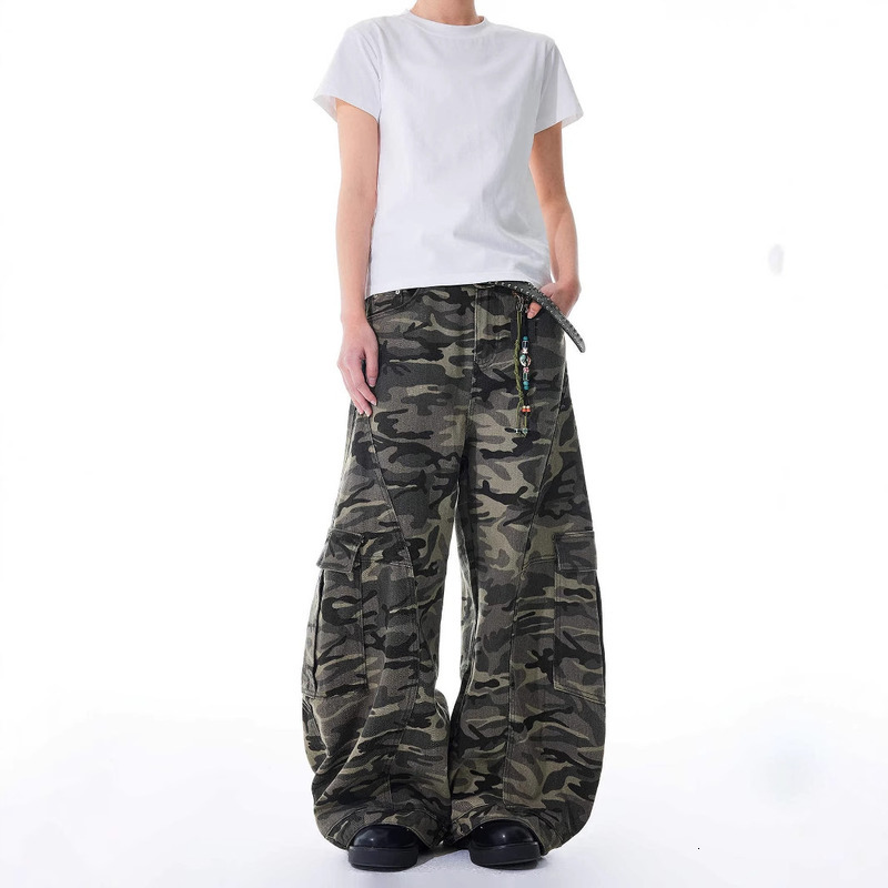 American Camouflage Work For Men And Women, Loose Wide Curved Jeans, Trendy Multi Pocket Straight Leg Long Pants