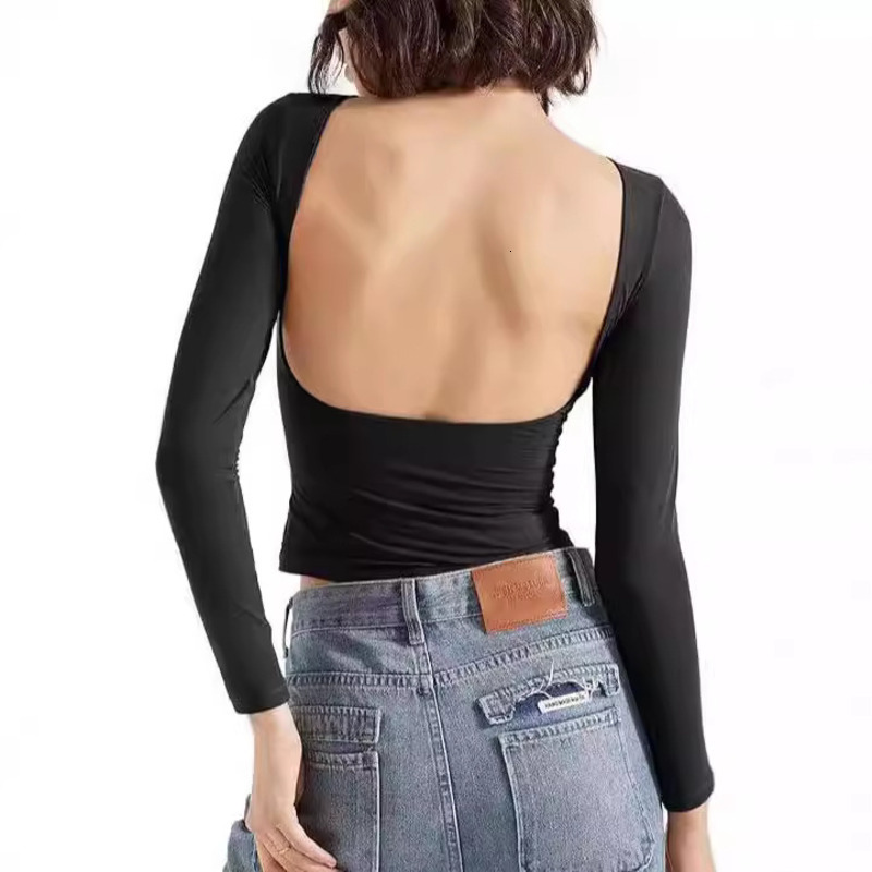 Women's Top With Exposed Back, Round Neck, Long Sleeved T-Shirt, Spicy Girl, Summer Pure Desire Style, Base Coat, Women's High-End Interior 