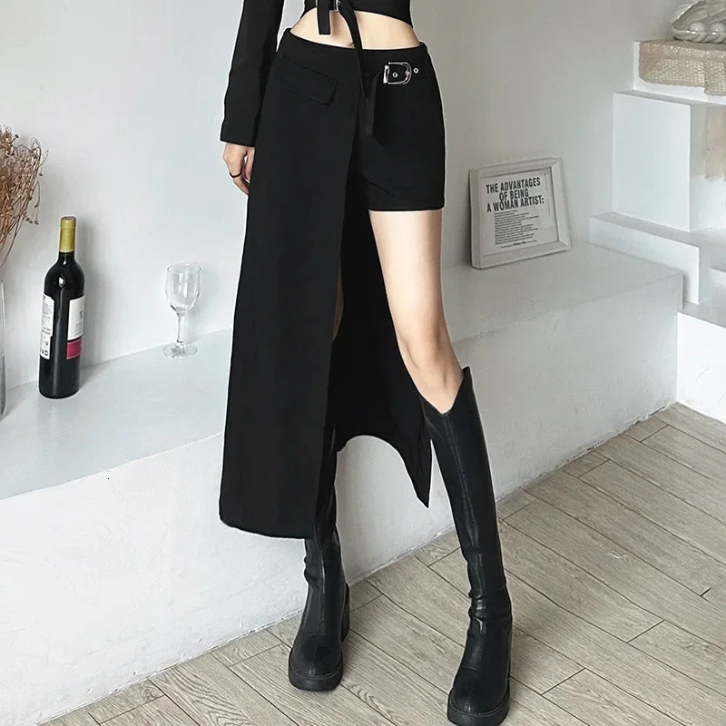 Goth Dark Techwear Gothic Patchwork Sexy Mini Skirts Women Grunge Irregular Hem High Waist Cargo Skirt Hip Hop Black Summer 250310