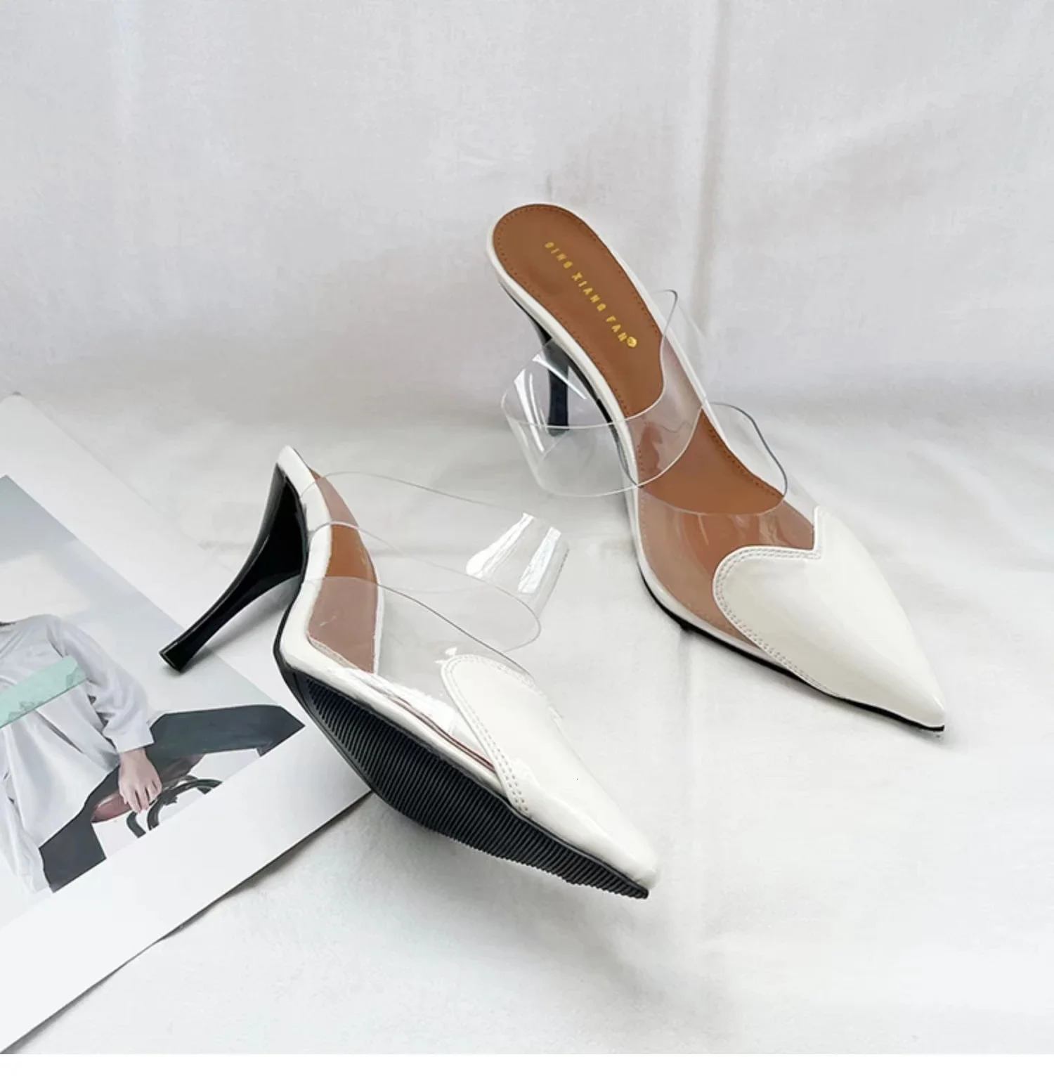 Sexy Pvc Women Slippers Leather Pumps Stiletto Sandals Pointed Toe High Heel Womens Shoes Woman Mules Slip on Patchwork 250314