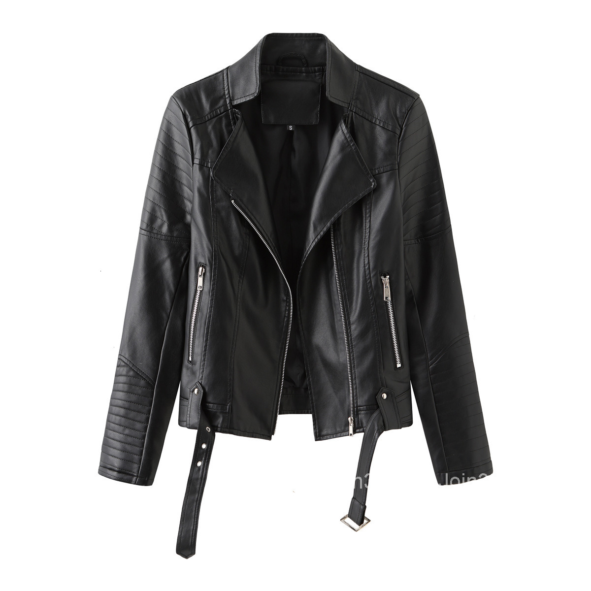 Fashion Street Trendy Leather Jacket with Belt Long Sleeved Spring and Autumn Thin Womens Jacket V-neck Pu Jacket