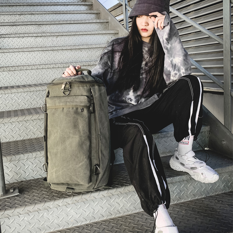 Fashionable bag, large capacity men's outdoor travel sports cylindrical backpack, trendy canvas backpack