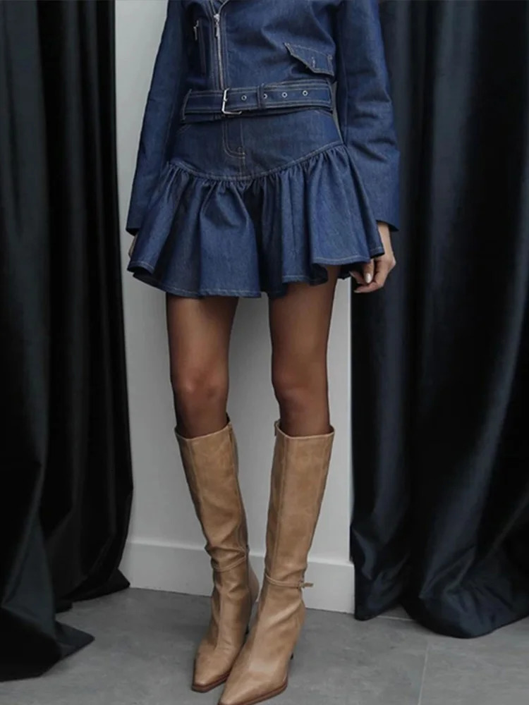 Retro denim zipper jacket mini ski set womens classic lapel short pleated high waisted fashion street 250312
