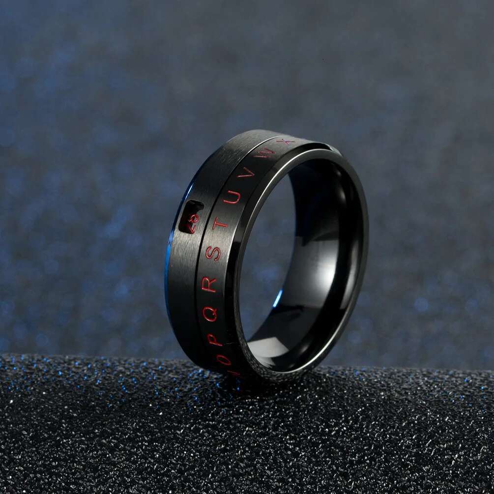 8MM Men's Stainless Steel Alphabet Number Spinner Ring Decoder Design Promise Engagement Wedding Band