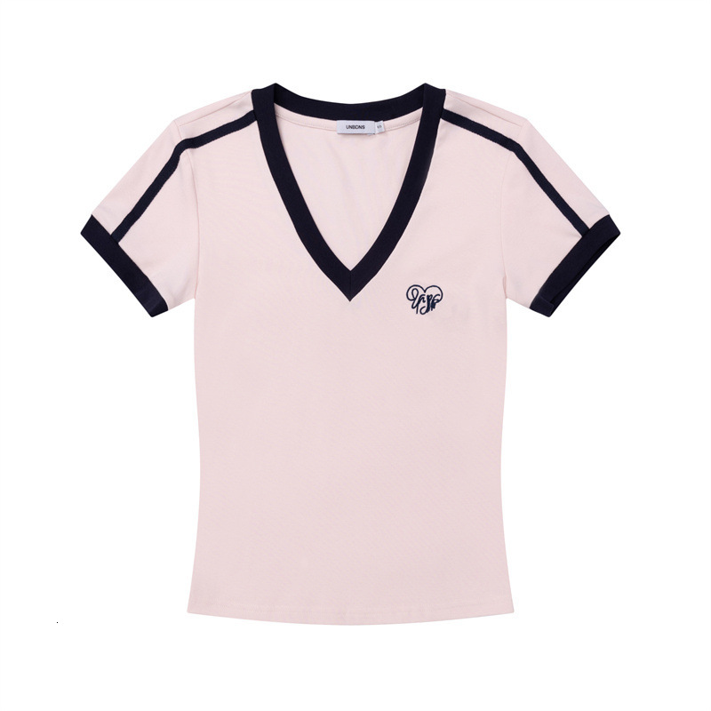 Nariele Embroidered Contrasting Color V-Neck Design Slim Fit Short Sleeved T-Shirt For Women 2025 Summer Casual Hot Girl Top
