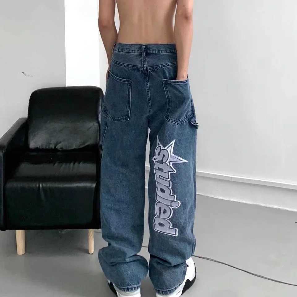 Harajuku Hip Hop Alphabet Hot Print Straight Pants Y2K Summer New Street Rock Mens Loose Wide Leg Retro JeansT250319