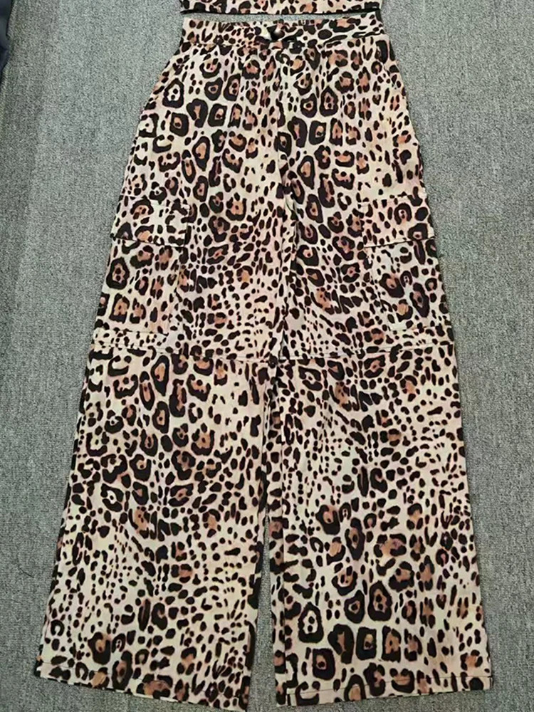Retro leopard print sexy bust unfolded twopiece set for spring womens clothing high waist wide leg pants fashion 250313