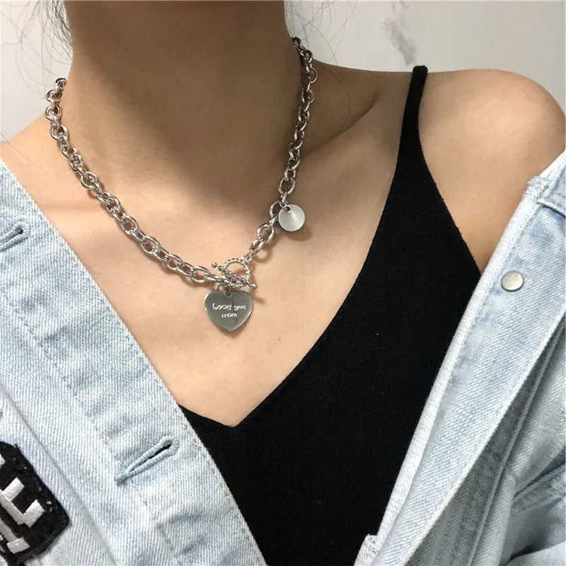 Other Heart Necklace Collar For Women Punk Stainless Steel Chain Hip Hop Fashion Simple Letter Chokers Statement Goth Jewelry S25315