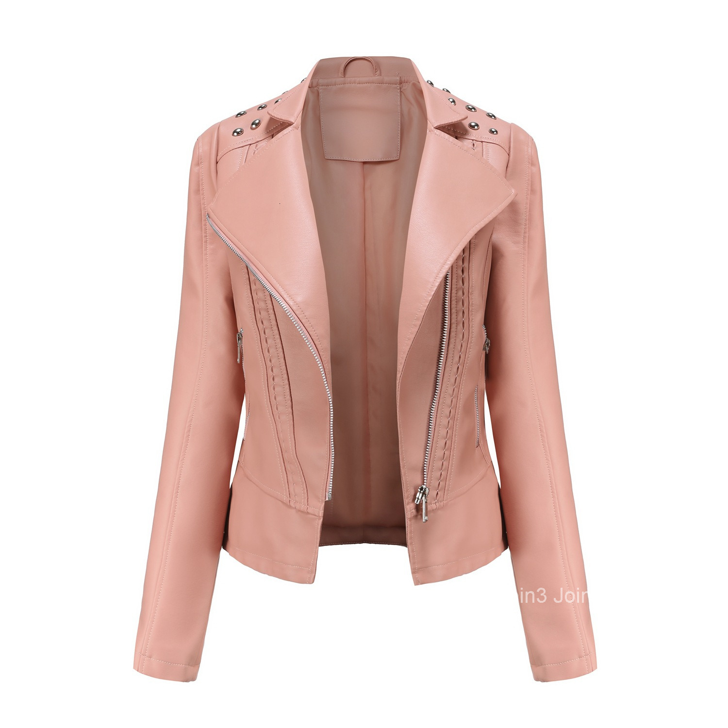 Fashion European Size Womens Beaded Leather Jacket Womens Long-sleeved Fashion Jacket Lapel Motorcycle Jacket Thin Spring and Autumn Womens Jacket Joi