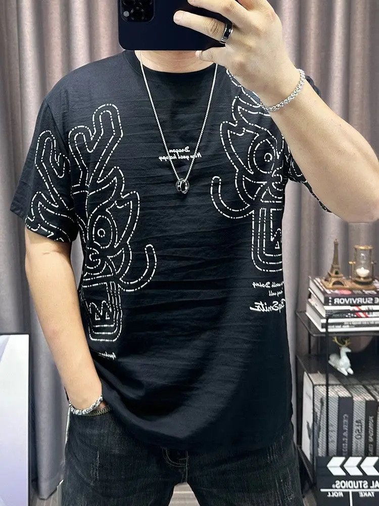 Cotton linen short sleeved T-shirt mens fashion printed casual half sleeved thin top 250314