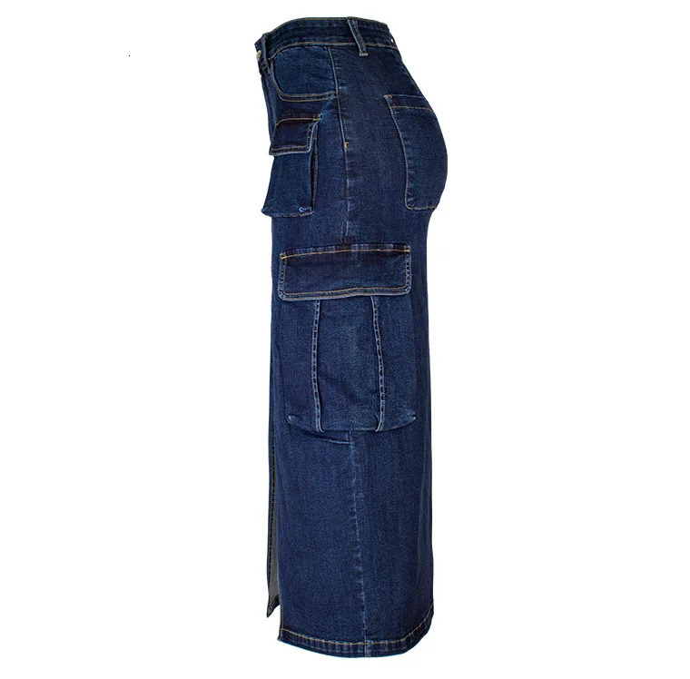 Cargo Denim Skirt Jeans Womens Elegant Multi Pocket Front Split Long Packaging Skirts Irregular Work Clothes Street Coat Set XS 250310