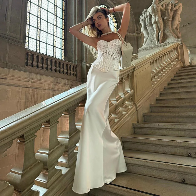 Leosoxs Retro White Two Piece Tight Set Sleeves Lace Tube TopTight Pants Elegant Party Evening Dress 250312