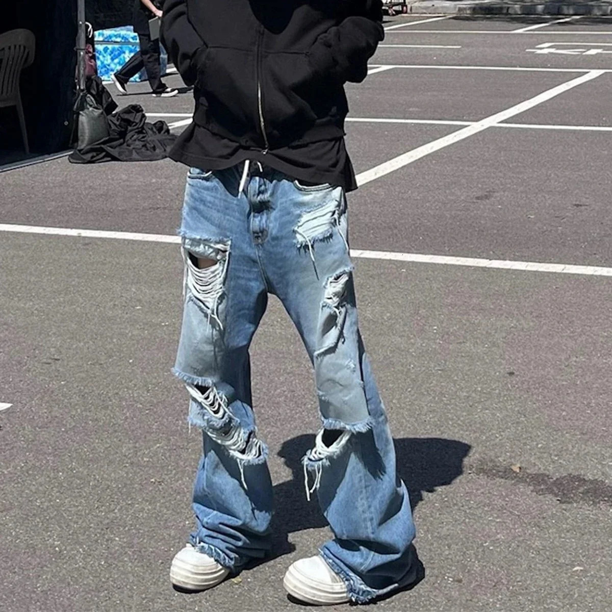 Distressed Vintage Hold Ripped Blue Flare Jeans Pants for Men and Women Streetwear Casual Bag Denim Trousers Oversized Cargos 250313