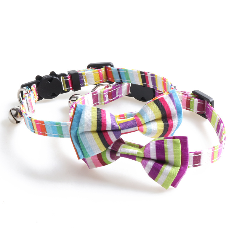 Colourful Cat Collar with Bells, Breakaway Kitty Bowtie Collar, Adjustable Colorful Striped Color Scheme Bow Tie Collar Soft Comfy Cat Safety Collar B