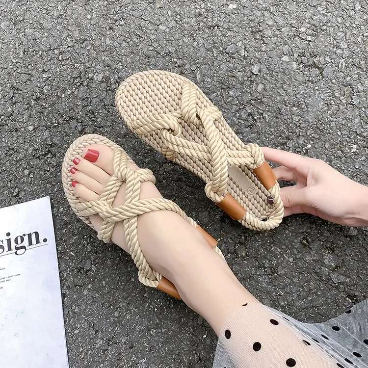 Rainbow Color Rope Sandals Woman Retro Weaved Fishman Sandalias Ladies Sea Blue Beach Slippers Handmade Bohemian Straw Shoes