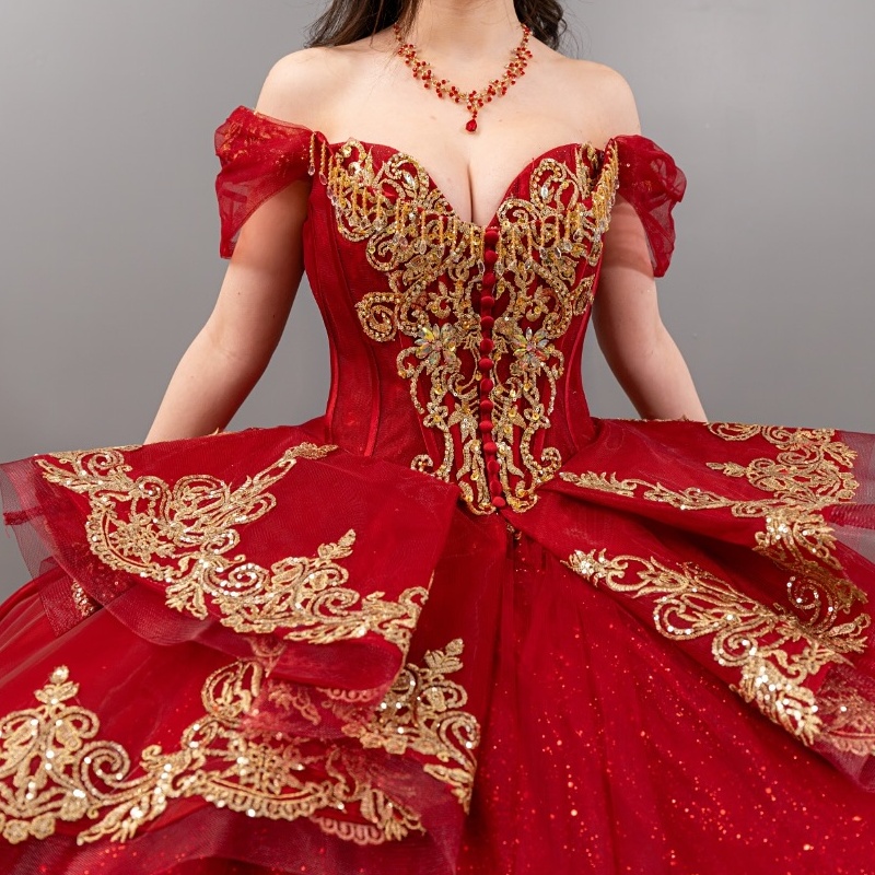Red Shiny Off Shoulder Quinceanera Dresses Gold Applique Lace Beads Tull Corset Party Birthday Sweet 16 Dress Vestidos 15 de anos