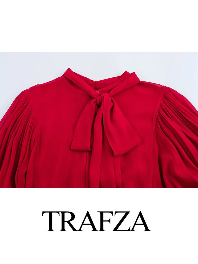 TRAFZA Womens Fashion Classic Series Single Breasted Bow Decorated Shirt Female Elegant Wrinkled Casual Long Sleeve Shirt Mujer 250310