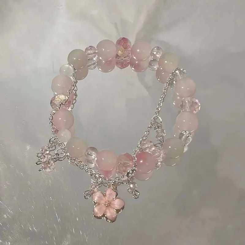 Korean Pink Crystal Flowers Butterfly Pendant Beaded Bracelet For Women Sweet Beaded Chain Bracelet Jewelry GiftsXJ250315