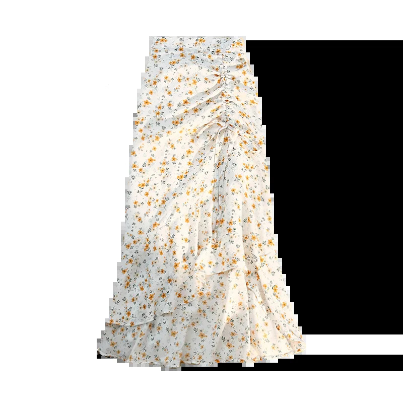 Seoulish Women Spring Summer Irregular Skirt Elastic High Waist Elegant Chiffon Floral Printed Pencil Midi Female 250310