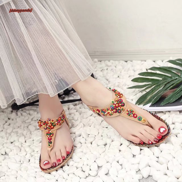 Bohemian beaded sweet ethnic style, clamp feet, sole sandals, flat heels, herringbone women's shoes ddmypanda