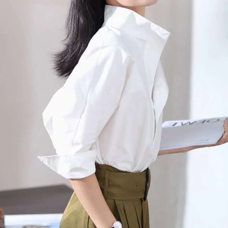 Women's Top Vintage Design Loose Slim Standing Neck Fashion Lady Tops Classic Versatile Solid Color 3/4 Sleeves Female Shirt
