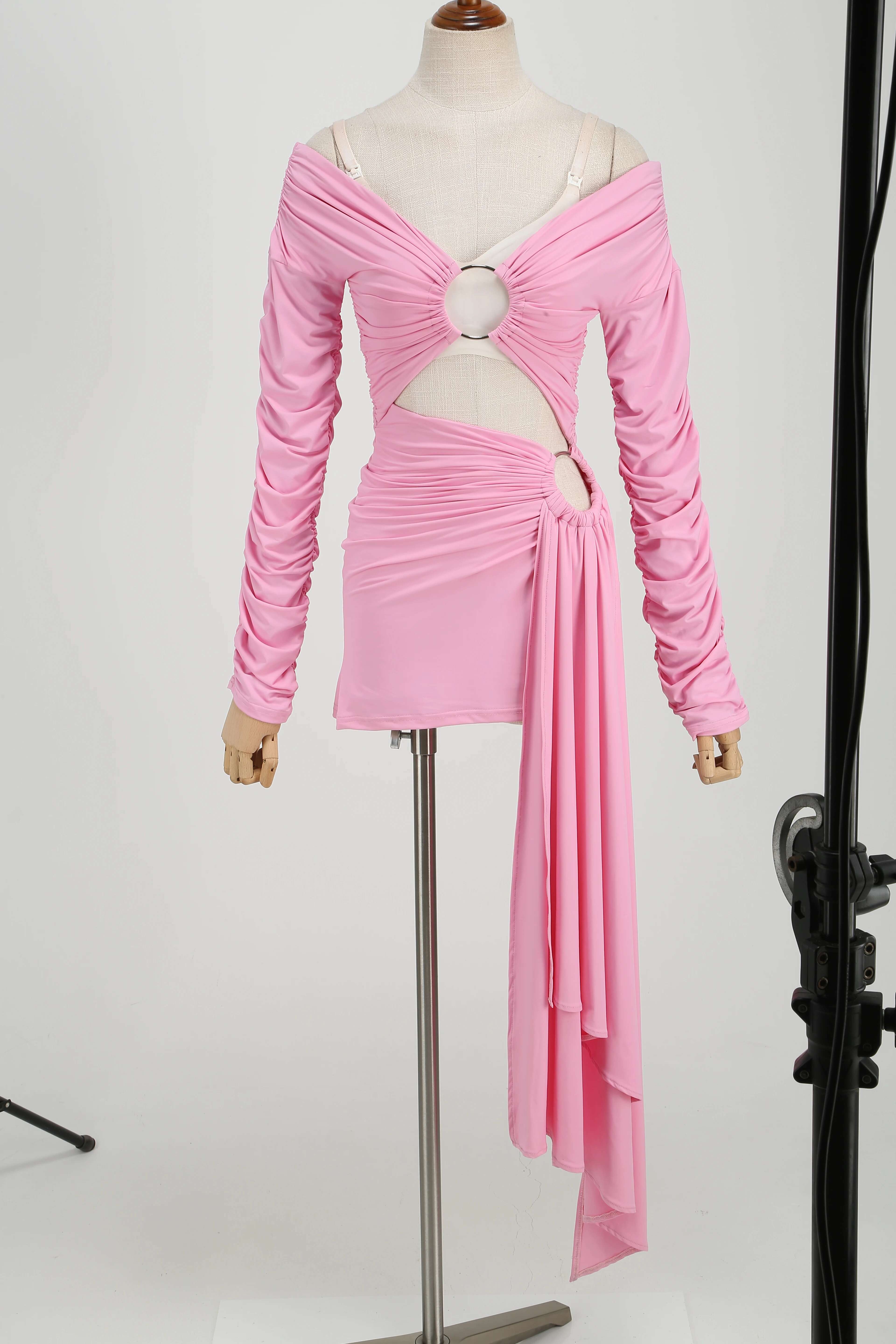 Birthday Dresses 2024 Autumn Long Sleeve Party Dress Sexy Hollow Out Evening Gowns Fashion Pink Prom Gown Woman Clothes