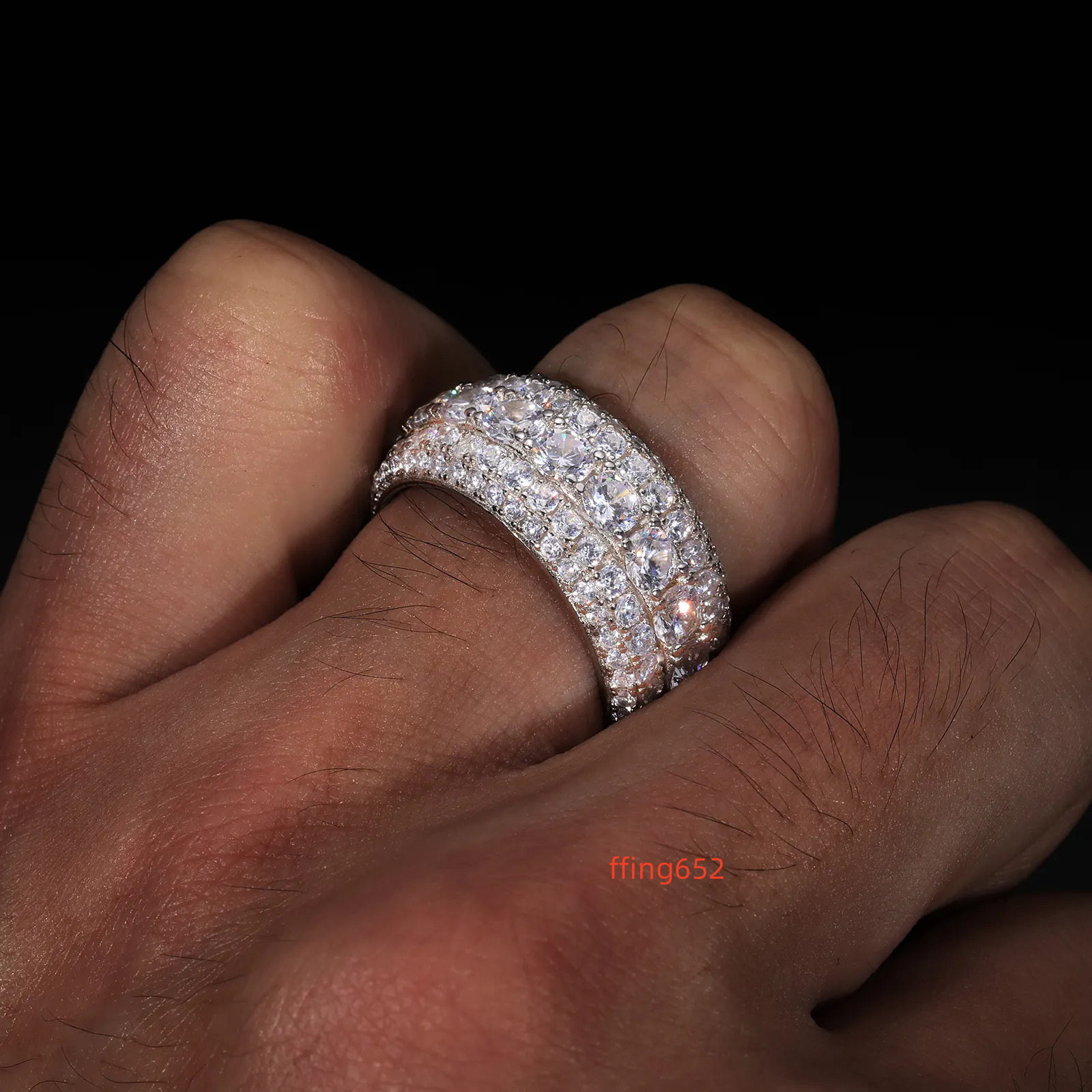 Custom Wholesale Hip Hop 8mm Full Diamond Band Ring 5 Rows Sparkly Moissanite Wedding Engagement Ring Rapper Men Women Jewelry