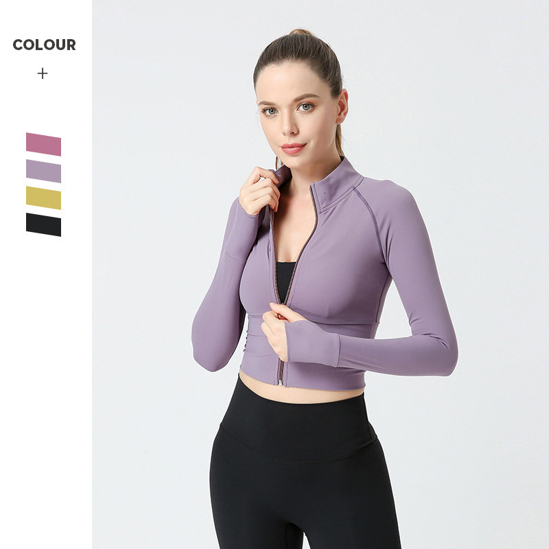 nylon yoga suit women zipper long sleeved top, slim fit with exposed navel for slimming, running and fitness jacket tracksuit