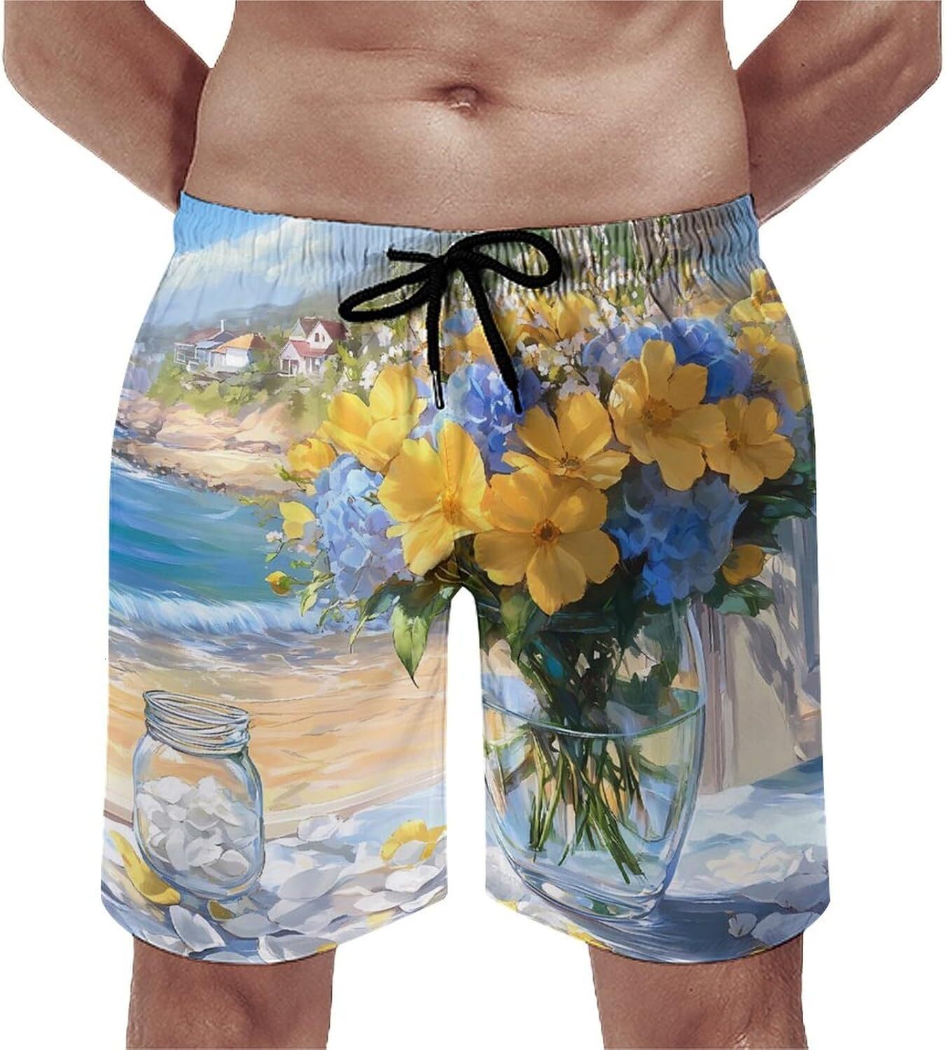 Seaside Bouquet Hydrangea Flowers Beach Shorts for Men Swim Trunks Quick Dry Bathing Suit Drawstring Hawaiian Short cool