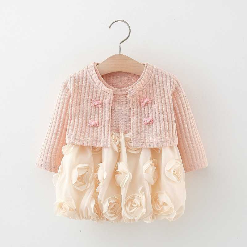 Girl's Dresses Children's clothing, girls' skirt set, spring and autumn children's baby knitted cardigan+rose bud princess skirt t
