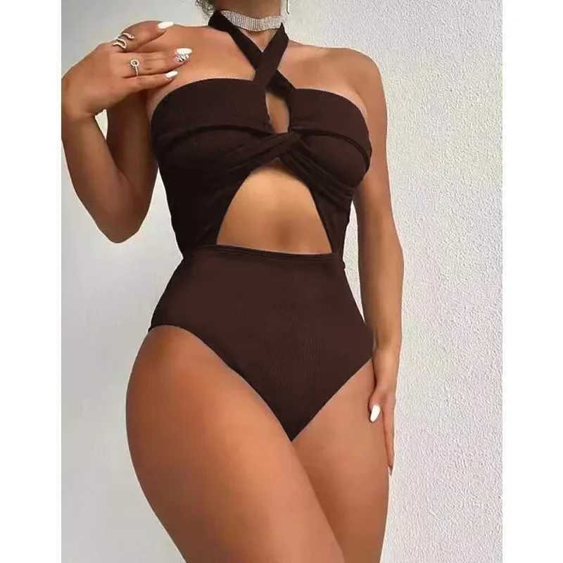 2025 new sexy one-piece swimsuit womens hollow shoulder strap sling high waist solid swimsuit beach wear Maio Finino PraiaXJ250315