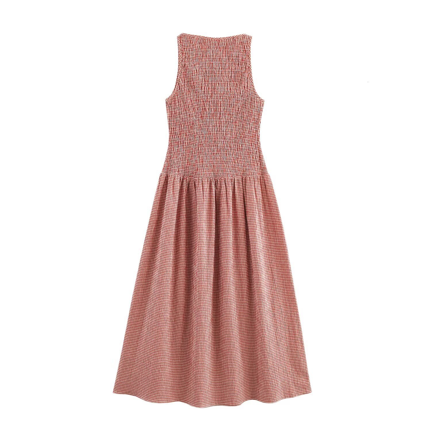 2025 Spring New Product Style: Sleeveless Vest Style Mid Length Skirt Slimming Waist And Plaid Dress With A Drawstring