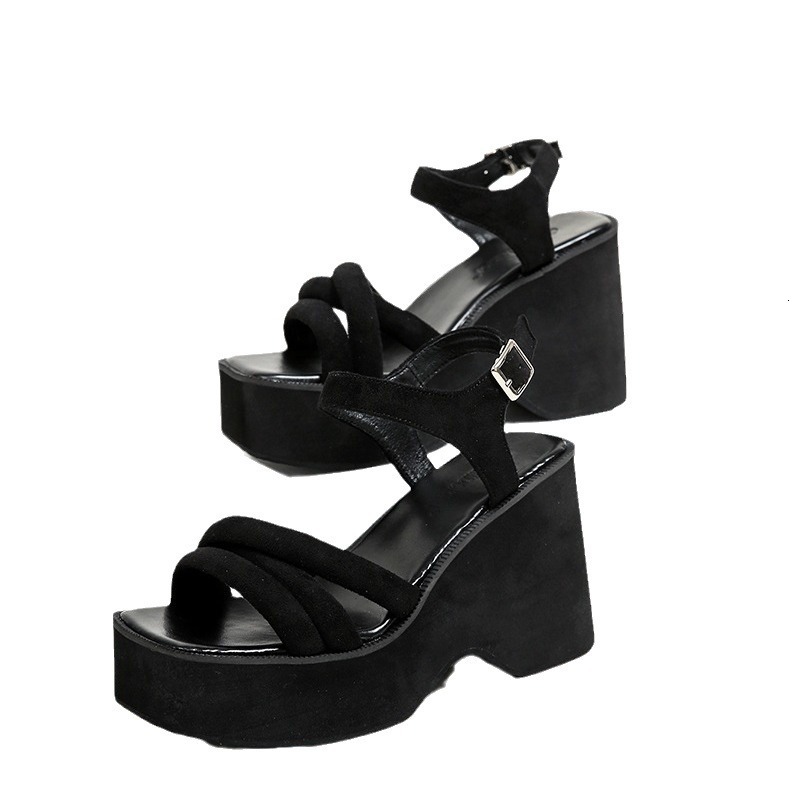 2025 Summer New Thick Bottom Sponge Cake Women's Shoes Waterproof Platform Ultra High Heels Black 35-40 Slope Heel Sandals ddmypanda
