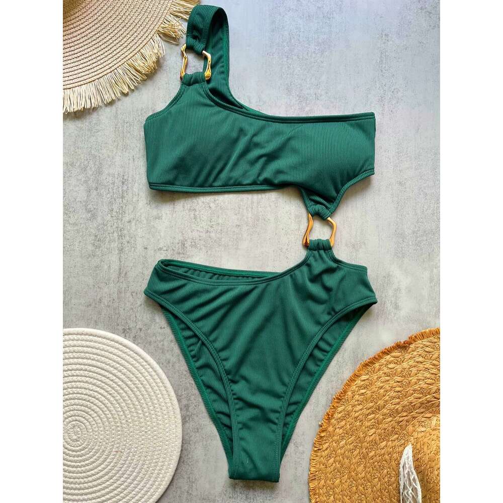 Women's one-piece swimsuit with cutting ring on the front, high waist, shameless, monokini, asymmetrical off shoulder, ribbed design