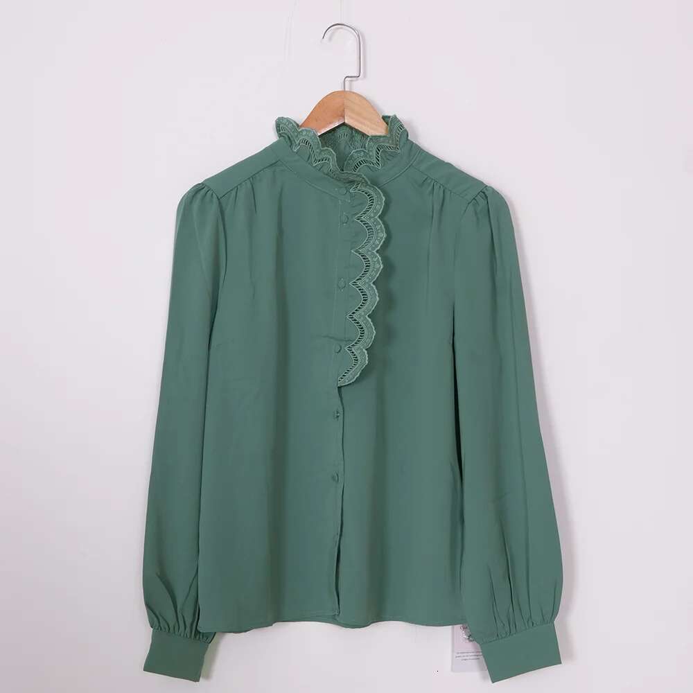 Ruelen Ral Print Women 2024 Autumn Ruffled Stand-Up Collar Full Lantern Sleeve Shirt