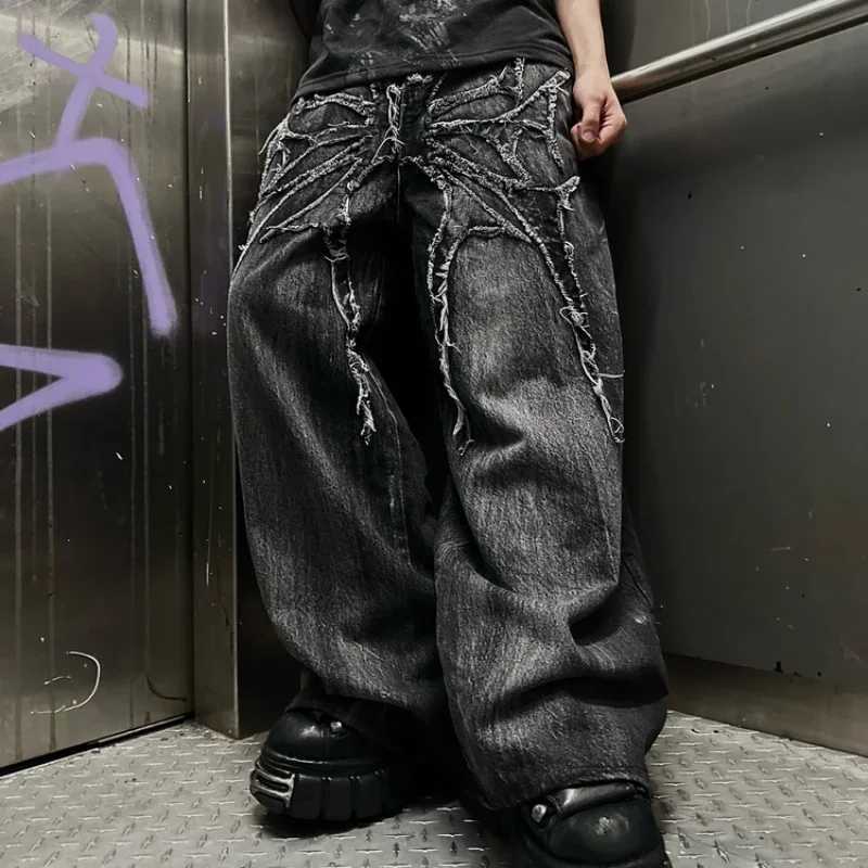 Gothic retro oversized pocket set unisex mop pants Y2K phantom jeans high street spider embroidery patch hip-hop streetwearT250319
