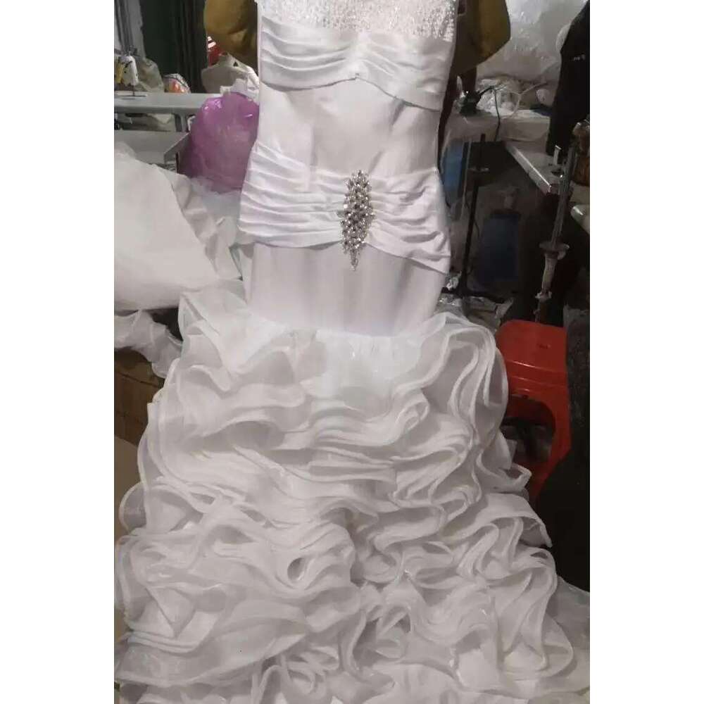 Custom bright v neckline crystals mermaid dresses organza pleated cascading ruffles wedding dress
