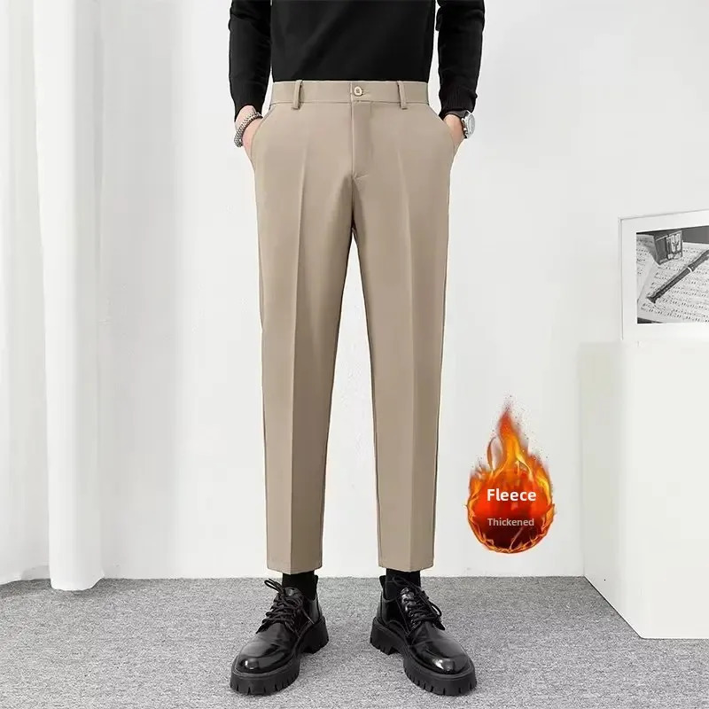 Korean style fashionable mens pants autumn and winter item ultrathin slim fit wool lining casual 250313