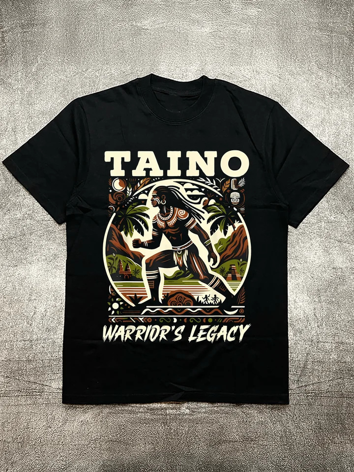 Mens Black 200g Cotton T-shirt - Tainuo Warrior Legend Warrior Traditional Heat Transfer Printing Round Neck Short Sleeve 250314