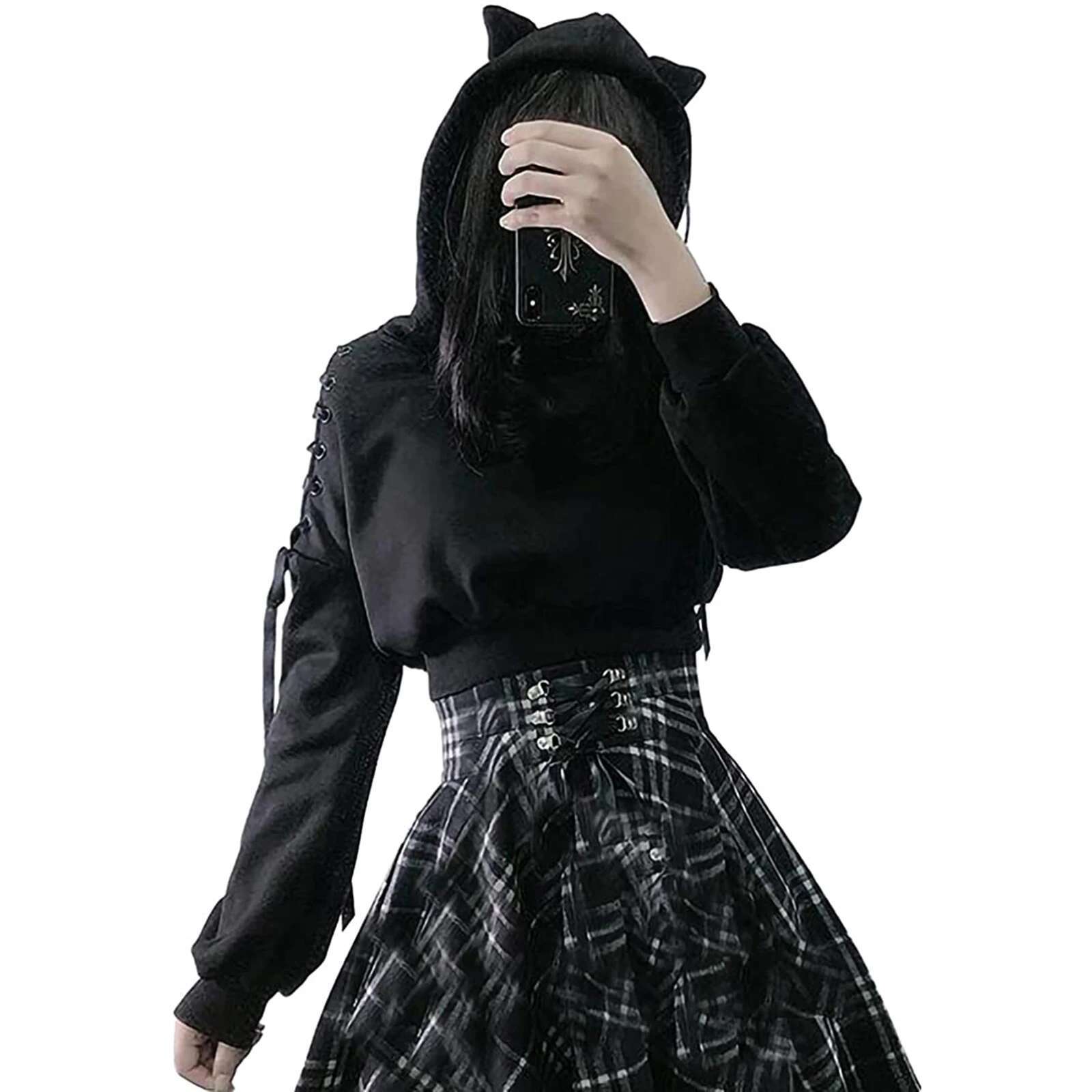 PMIYS Women s Hoodies Cute Ear Cat Long Sleeve Crop Sweatshirt Teen Girls Halloween Sweatshirts