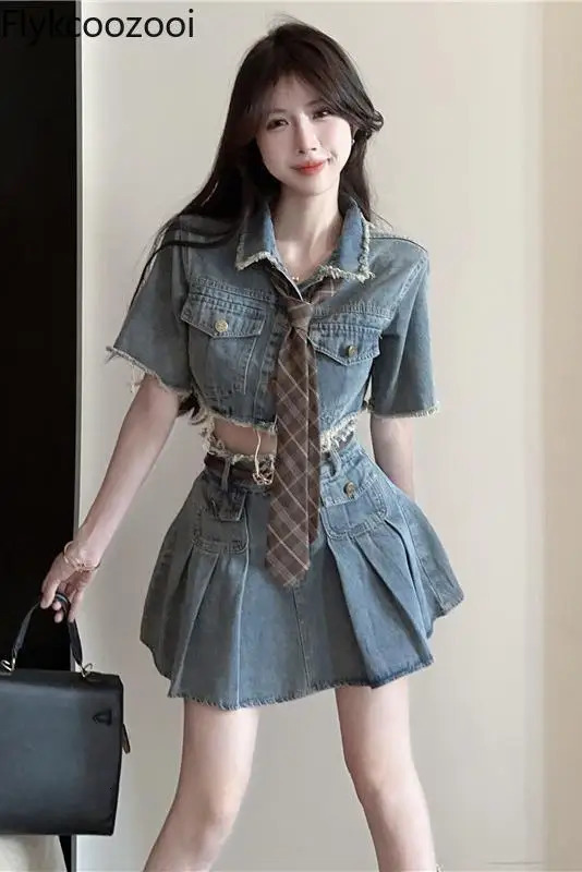 Summer Raw Edge Lapel Pure Slimfit Short Denim Coat Skirt Tie Fashion n Set Womens Elegant Clothing 250312