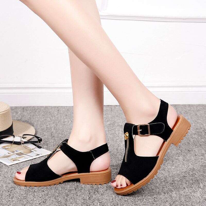 Summer New Korean Edition Student Coarse Barefoot Pure Ribbon Zipper Shoes Low Heel Flat Bottom Women's Sandals