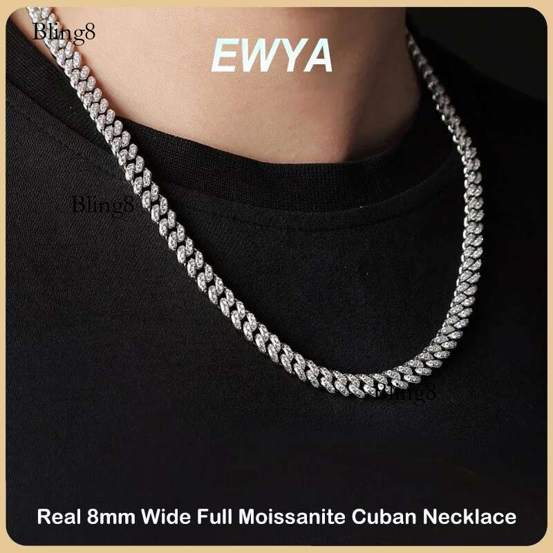 EWYA 100% Real Full Moissanite Cuban Neck Chain Necklace for Men Women 8mm S Sterg Sier Hip Hop Dia Tennis Necklaces