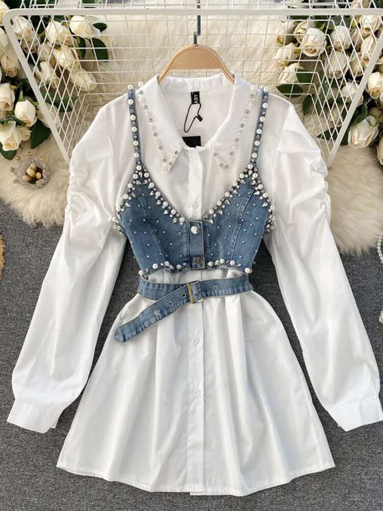 Spring Autumn New Temperament Blouse Female Lapel Beaded Stacking Bead Blusa Sg Waistcoat C Fashion Two-Piece Shirt C814