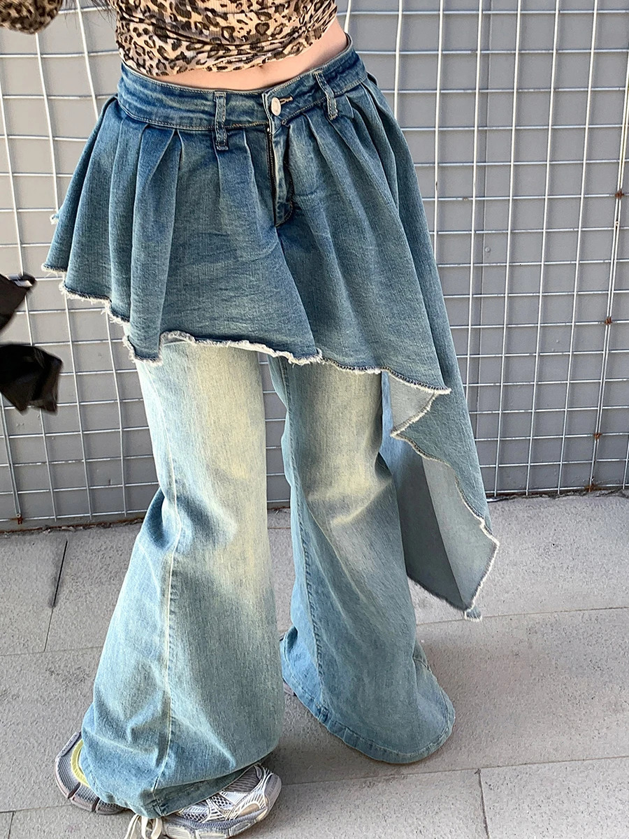REDDACHiC Twopiece Women Flare Jeans Asymmetric Trailing Skirt Overlay Raw Edge Boot Cut Wide Pants Vintage Y2k Streetwear 250310