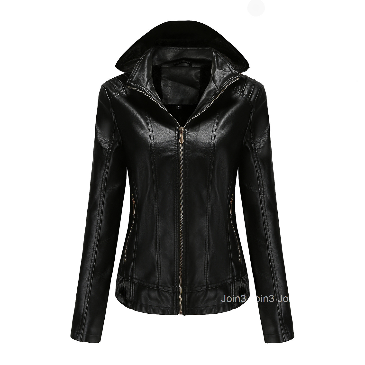 Fashion Awhooded Leather Womens Detachable Hat Zipper Long Sleeve Plush Leather Jacket European Size Slim Fit Coat