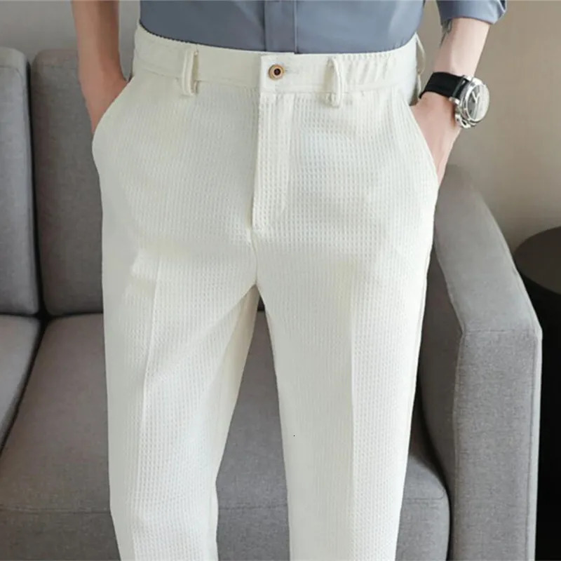 Mens Waffle Set Pants BlackWhiteKhaki Fashionable Business Social Wedding Ball Dress Trouser 250313